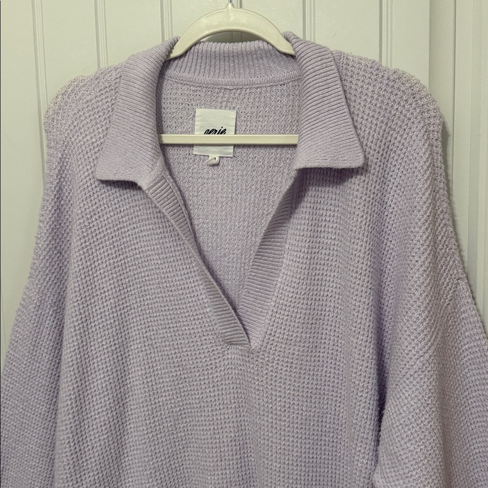 AERIE WOMENS LAVENDER WAFFLE V-NECK LONG SLEEVE SWEATER SIZE LARGE - Picture 3 of 5